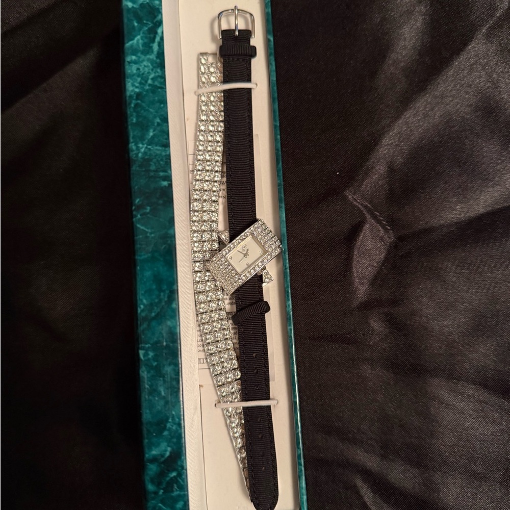 Suzanne Somers Elegant Black and Silver Watch with Rhinestones